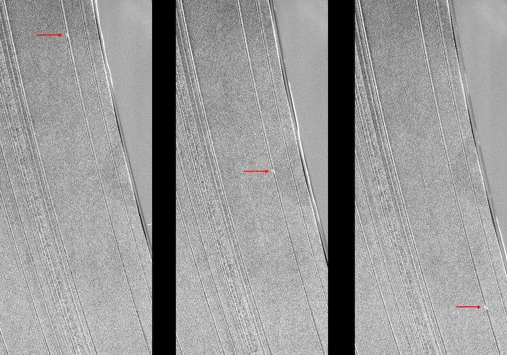 These three Cassini images show a propeller-shaped structure created by an unseen moon in Saturn's A ring.