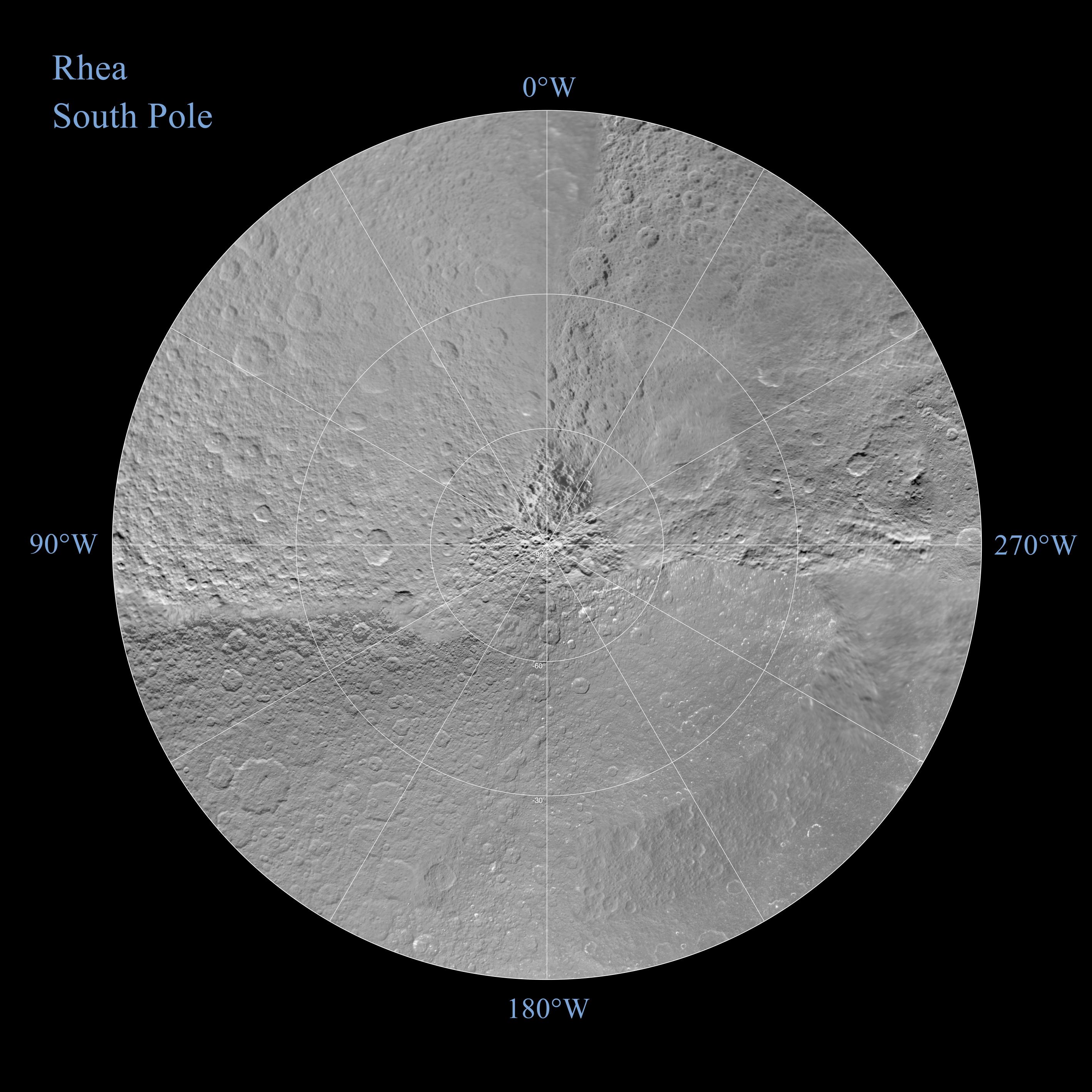 The northern and southern hemispheres of Rhea are seen in these polar stereographic maps, mosaicked from the best-available Cassini and Voyager images.