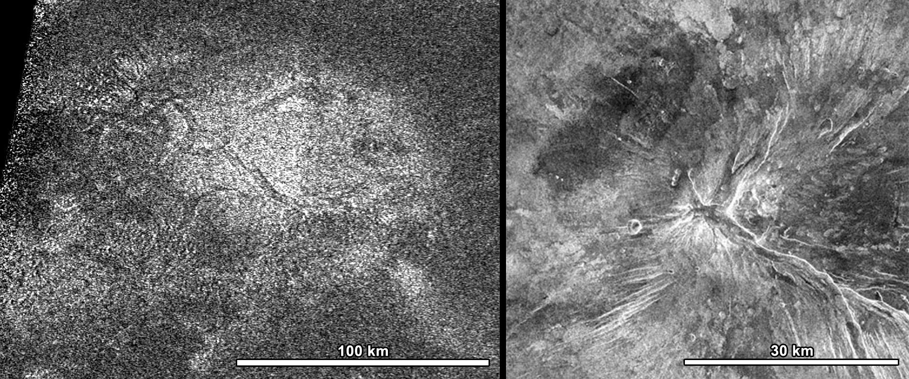 NASA’s Cassini spacecraft obtained this image of a feature shaped like a hot cross bun in the northern region of Titan (left) that bears a striking resemblance to a similar feature on Venus (right). 
