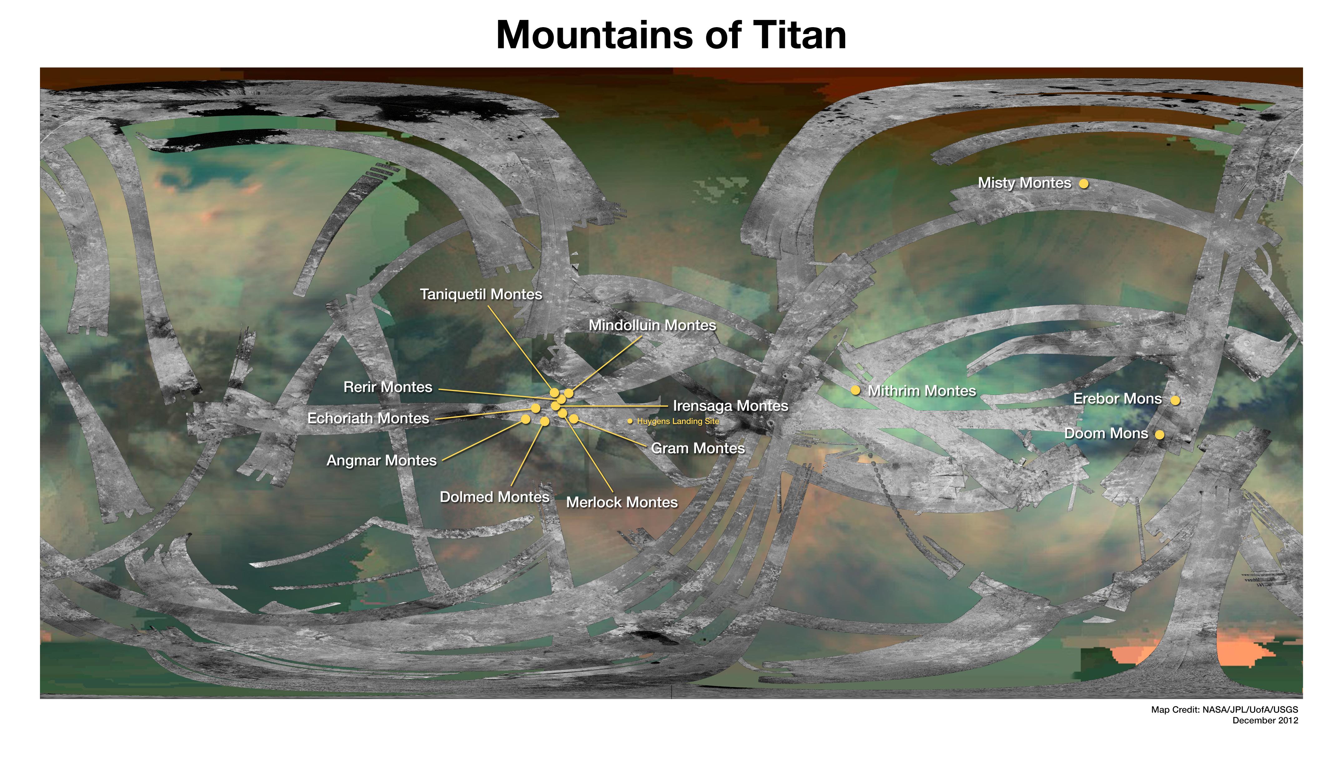 Map of Saturn’s moon Titan identifies the locations of mountains that have been named by the International Astronomical Union.