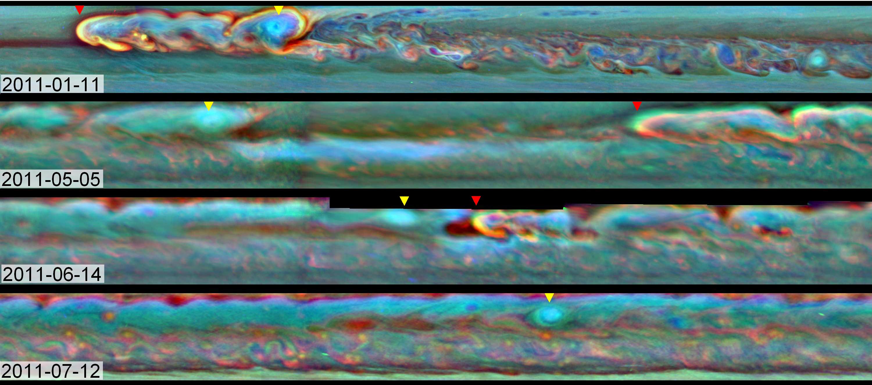 Set of Cassini images showing the evolution of a massive storm on Saturn - annotated