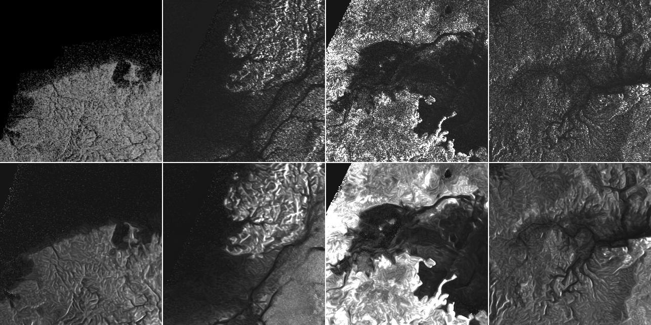 A montage of Cassini Synthetic Aperture Radar (SAR) images of the surface of Titan 