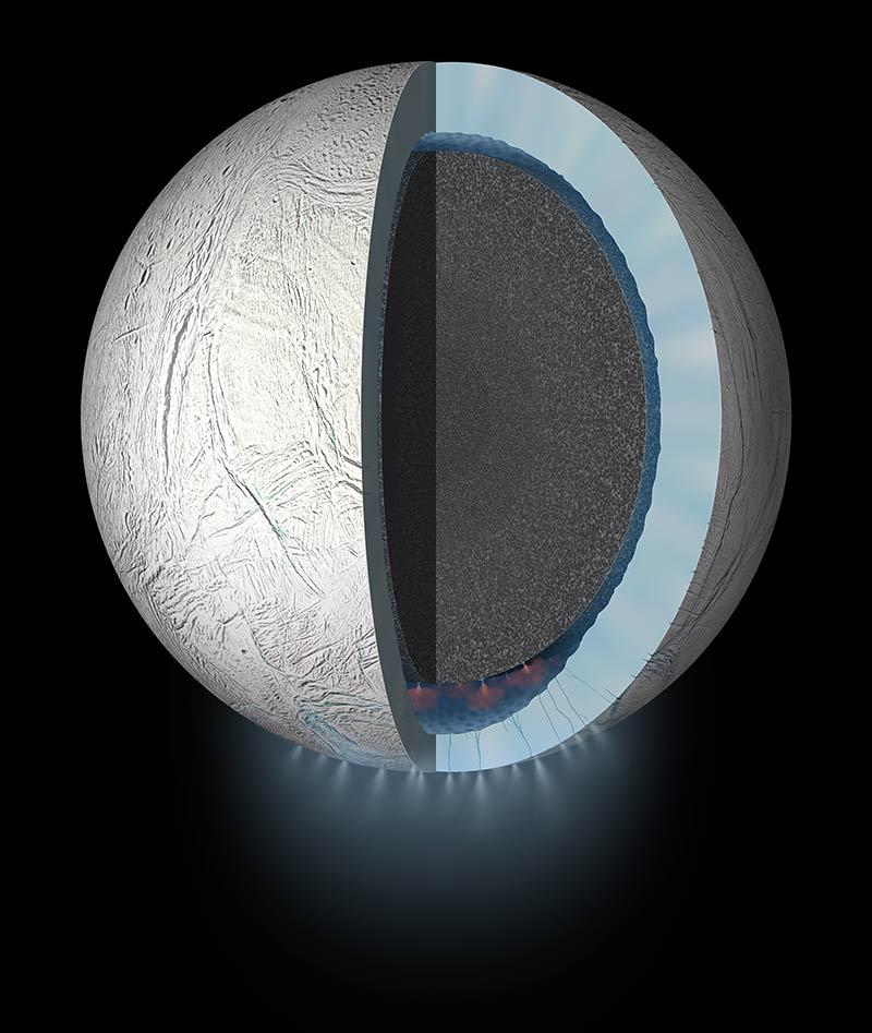 This artist’s rendering showing a cutaway view into the interior of Saturn’s moon Enceladus. 