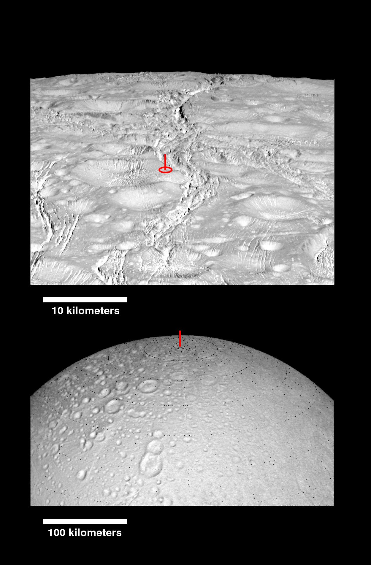 This montage of images shows the precise location of the north pole on Saturn's icy moon Enceladus. 