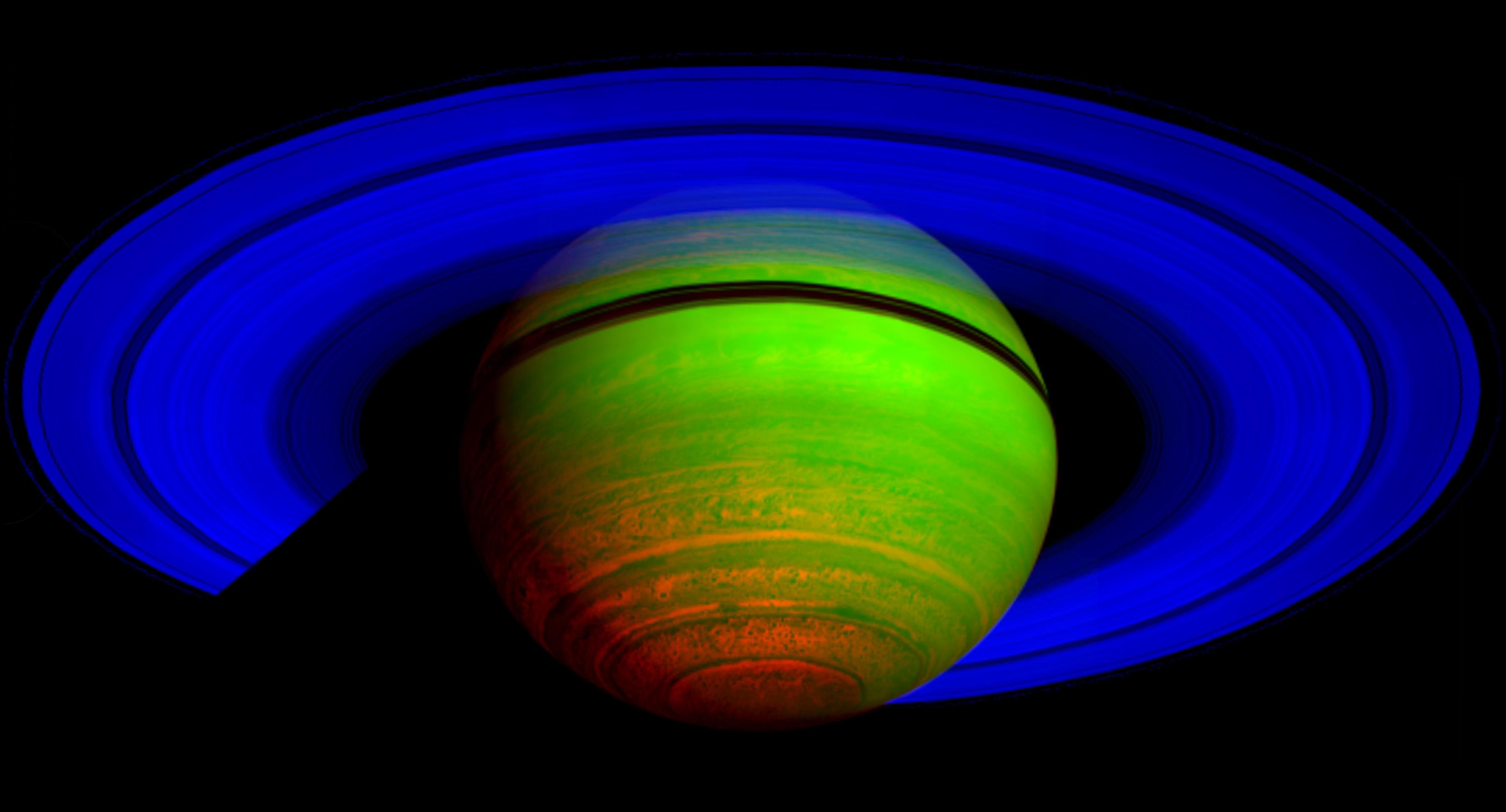 This false-color composite image, constructed from data obtained by NASA's Cassini spacecraft, shows Saturn's rings and southern hemisphere.