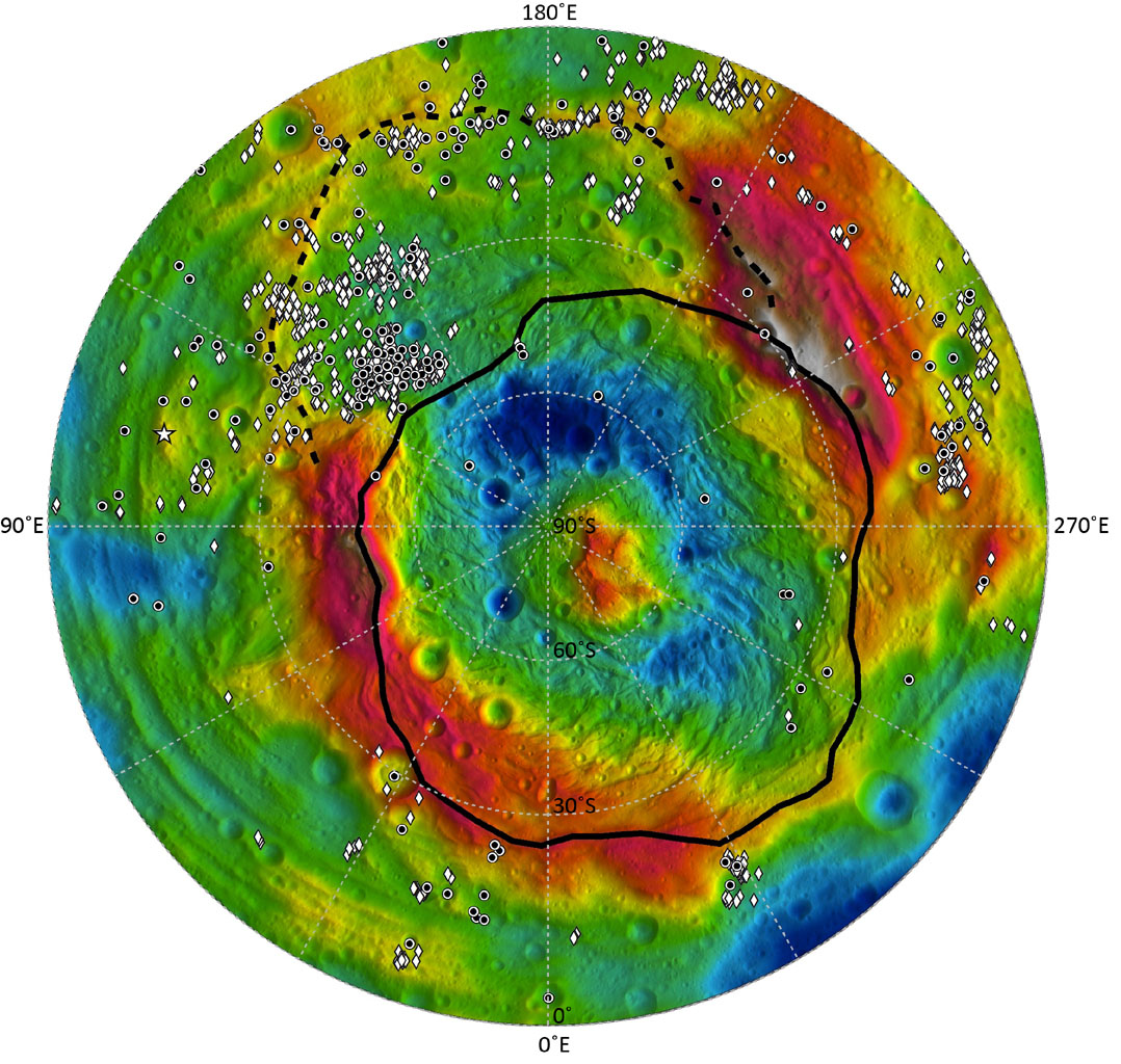 Distribution of Vesta's Dark Materials, Southern View