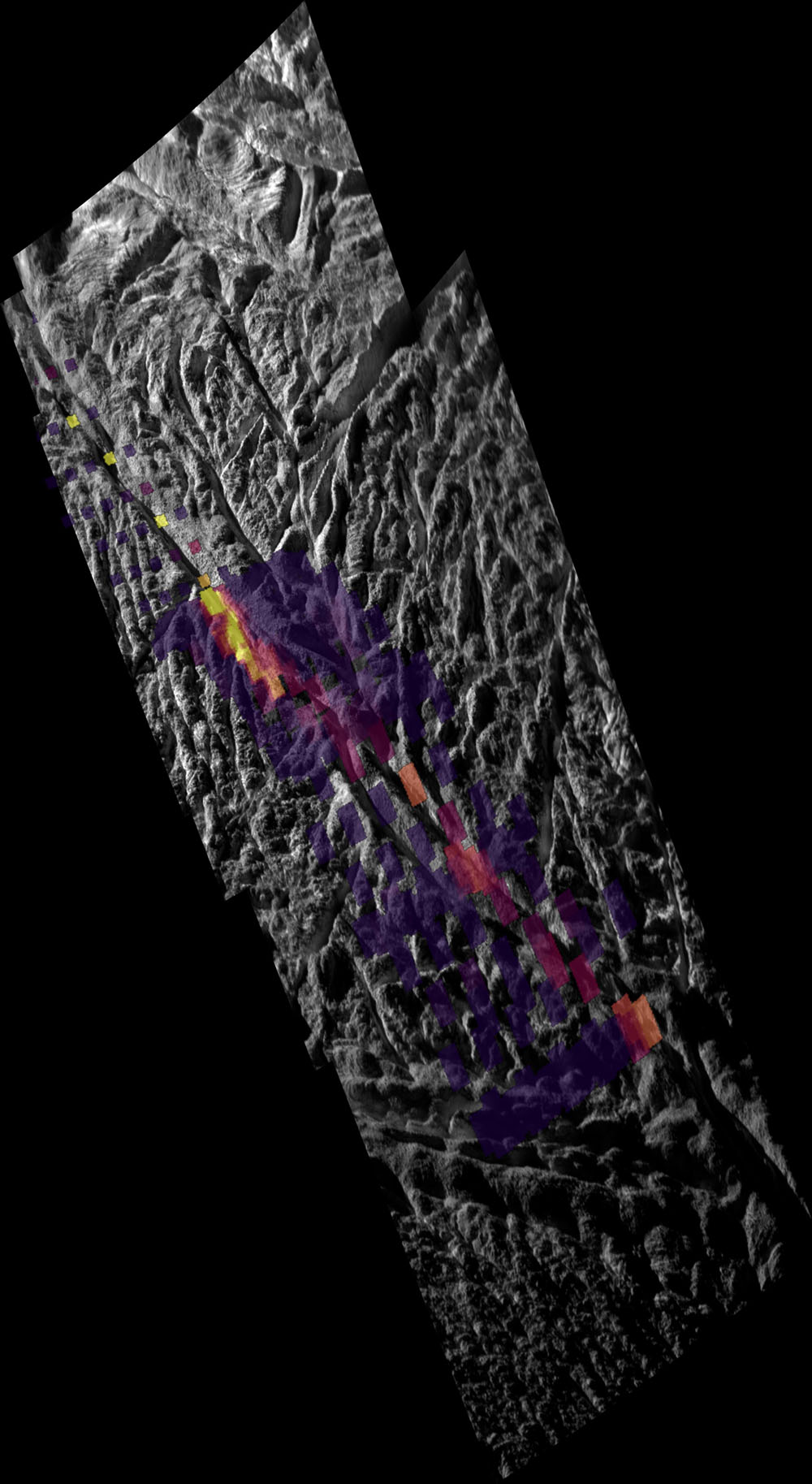 In this unique mosaic image combining high-resolution data from the imaging science subsystem and composite infrared spectrometer aboard NASA's Cassini spacecraft, pockets of heat appear along one of the mysterious fractures in the south polar region of Saturn's moon Enceladus.
