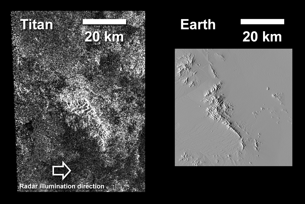 Black and white comparison of ridges on Titan and Earth.