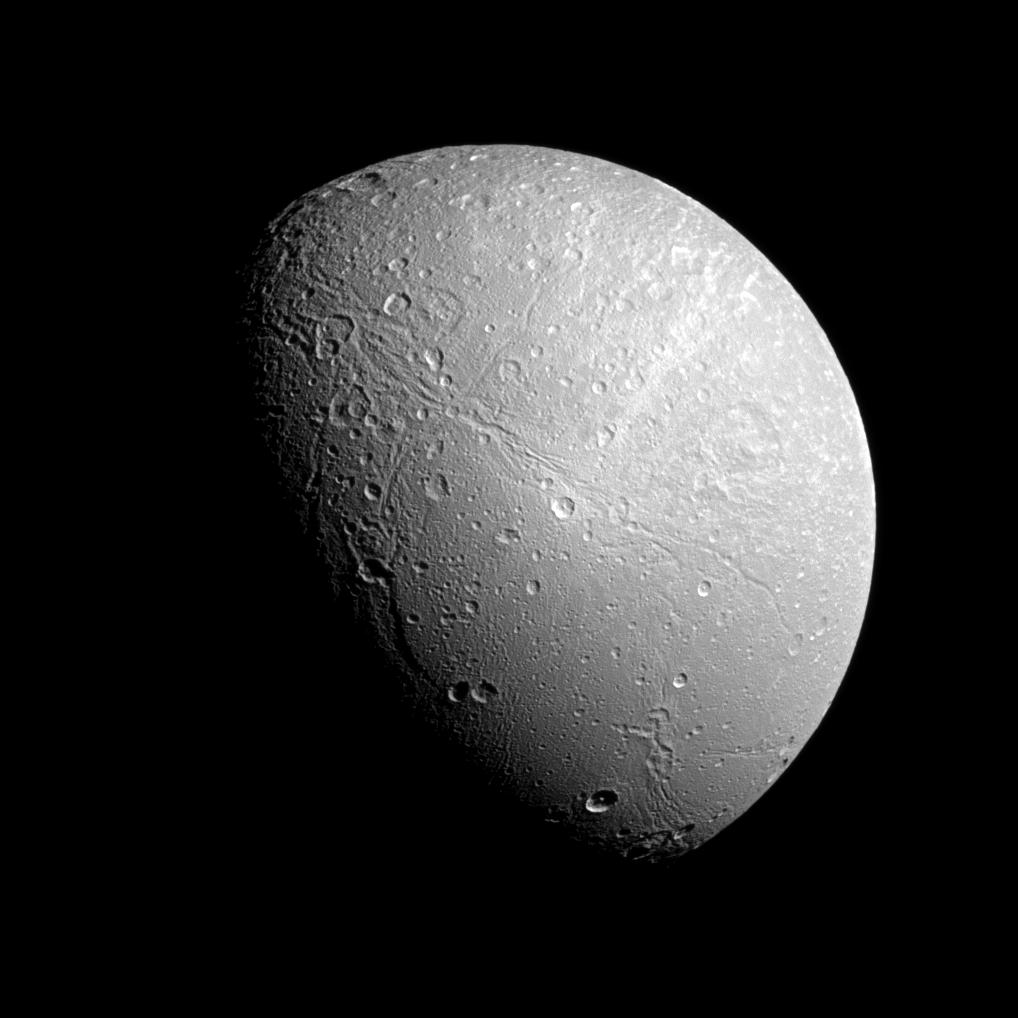 The famed wispy terrain on Saturn's moon Dione is front and center in this recent Cassini spacecraft image.