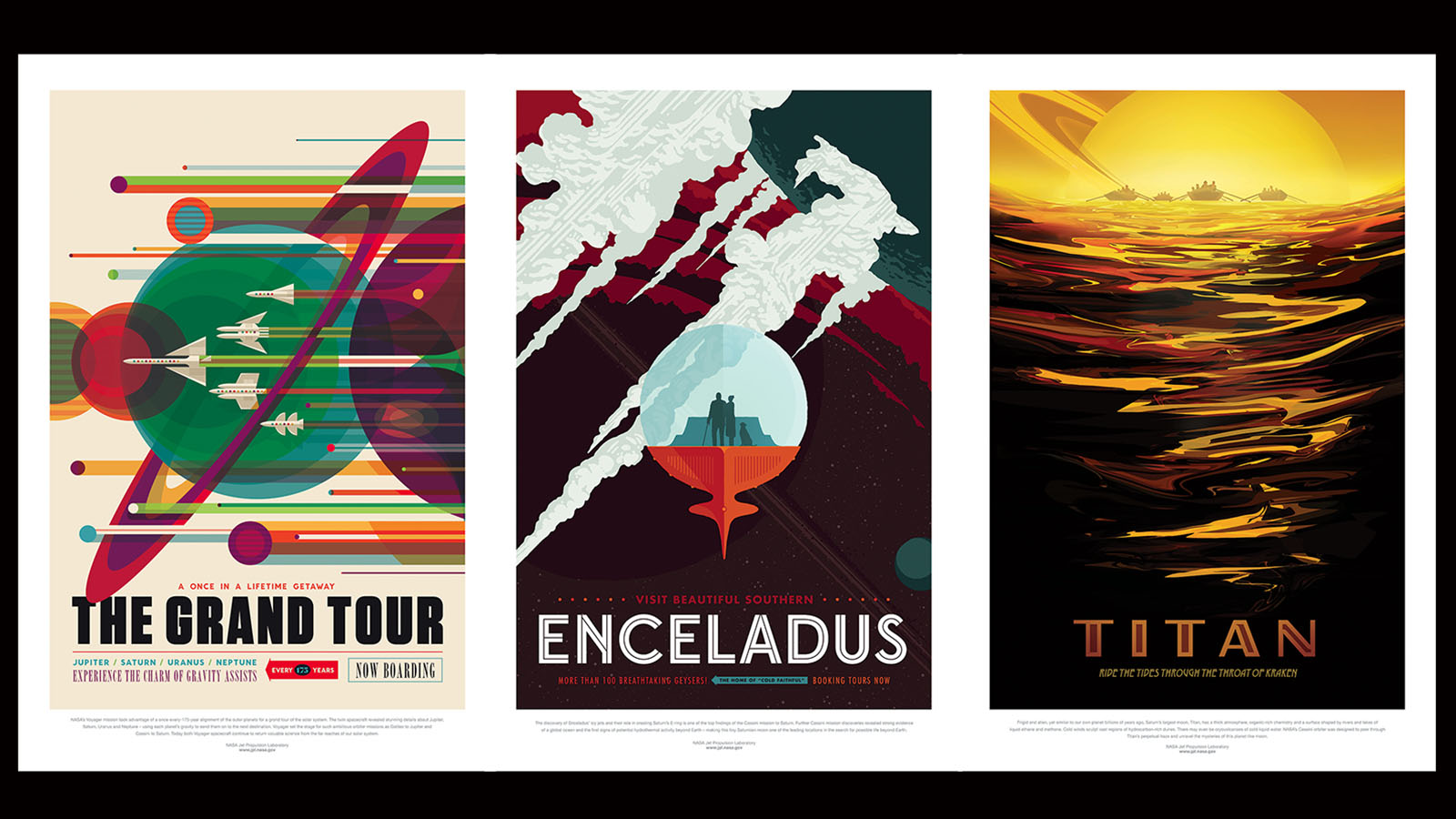 Colorful, whimsical travel posters envision of future where the solar system is open to exploration.
