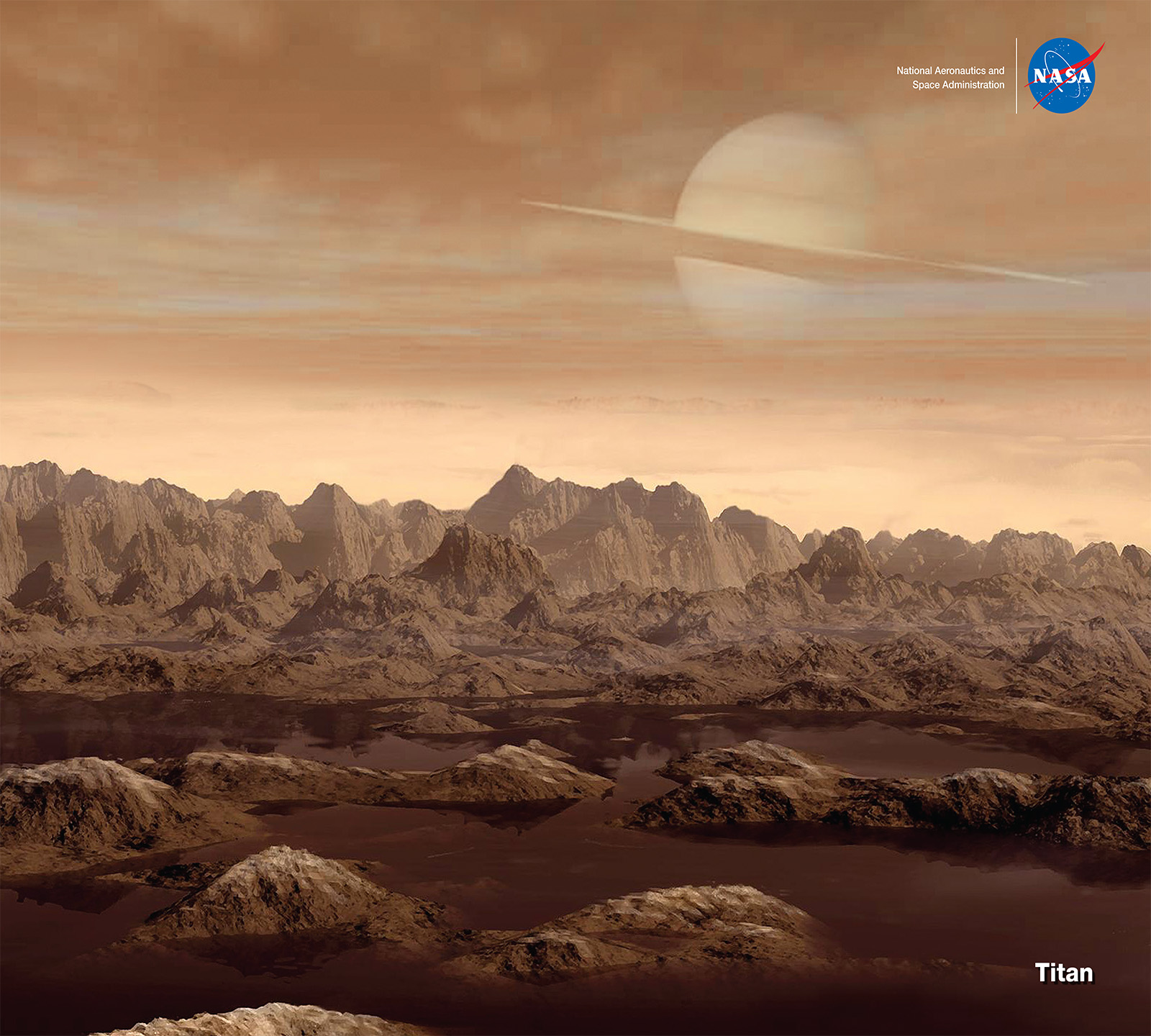 Color illustration showing lakes on the surface of Titan.