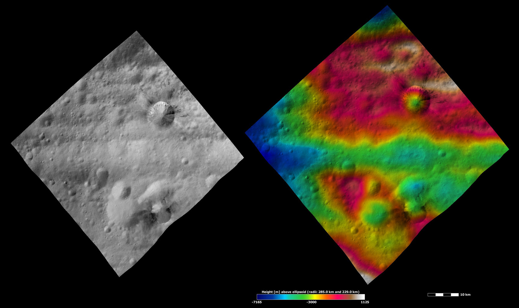 Divalia Fossa and Rubria and Occia Craters, Apparent Brightness and Topography Images