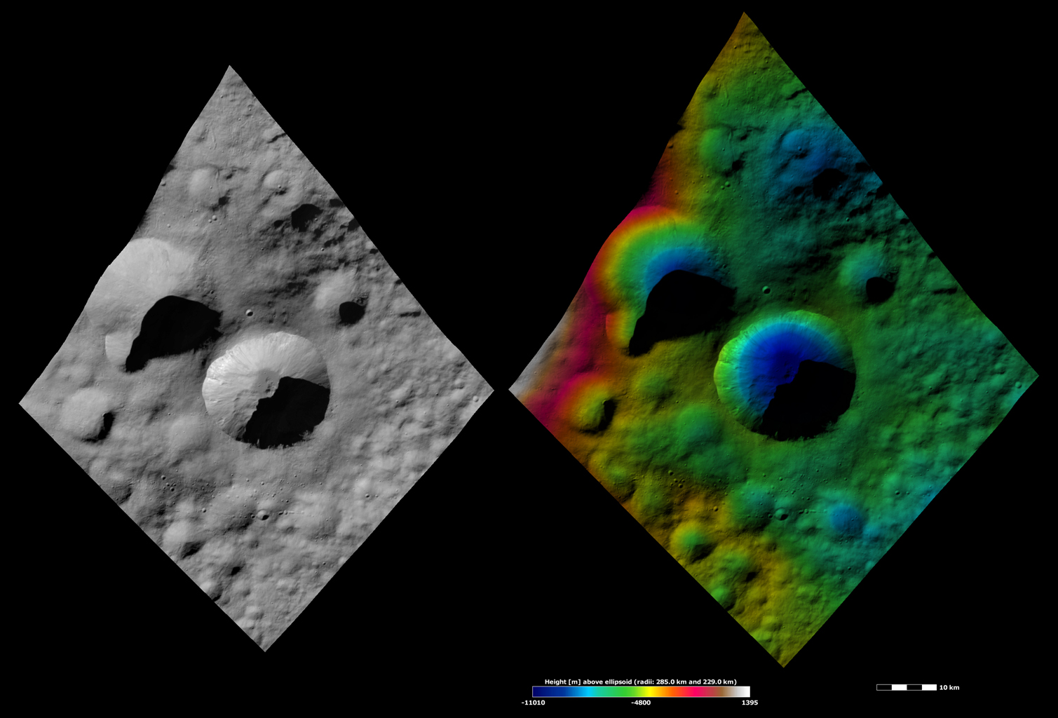 Apparent Brightness and Topography Images of Licinia Crater