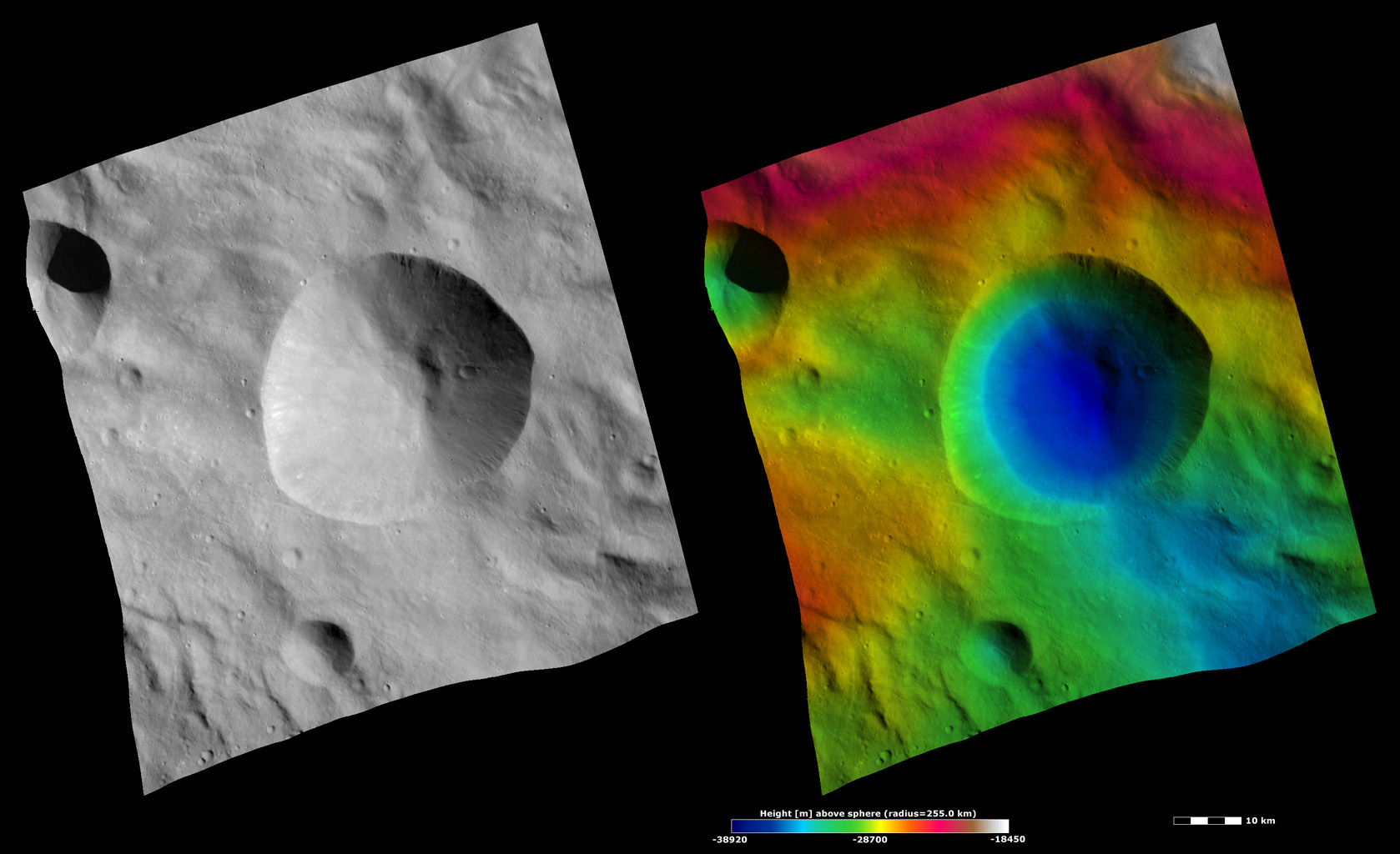 Apparent Brightness and Topography Images of Tarpeia Crater