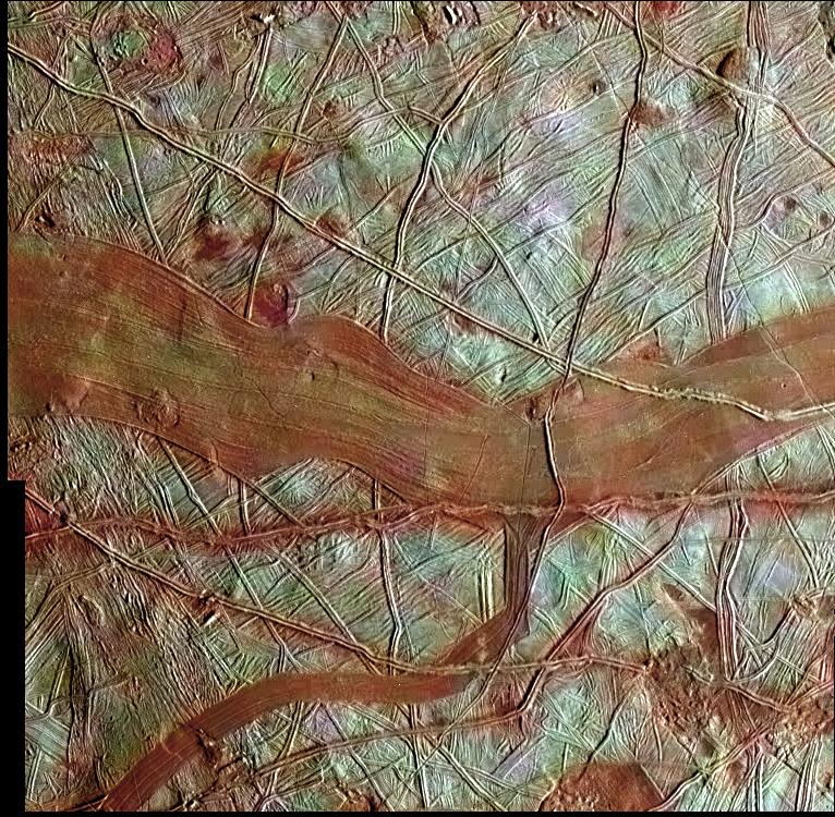 This colorized image of Europa is a product of clear-filter grayscale data from one orbit of NASA's Galileo spacecraft, combined with lower-resolution color data taken on a different orbit.