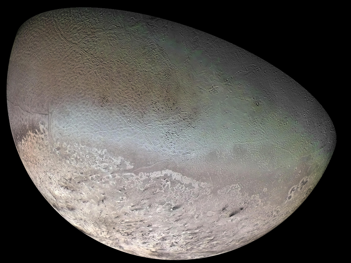 Global color mosaic of Triton, taken in 1989 by Voyager 2 during its flyby of the Neptune system.