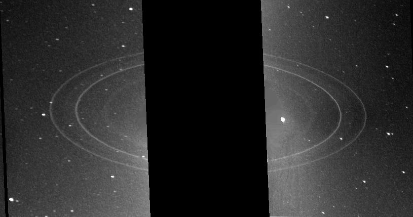 This pair of Voyager 2 images (FDS 11446.21 and 11448.10), two 591-s exposures obtained through the clear filter of the wide angle camera, show the full ring system with the highest sensitivity.