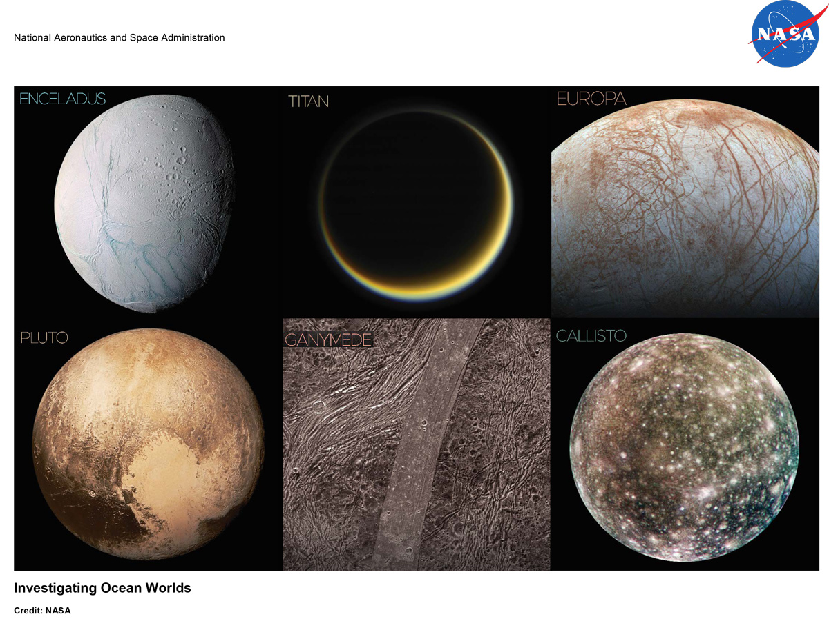 first page of the Ocean Worlds Lithograph, showing images of 6 different ocean worlds