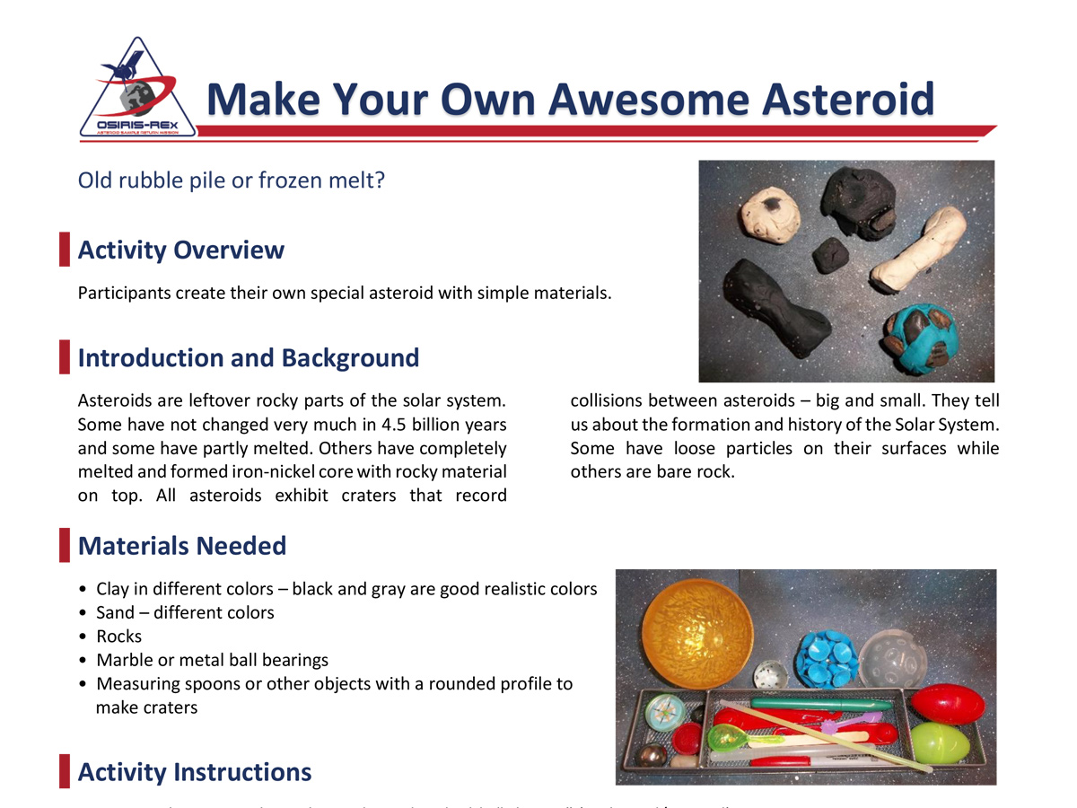 image of part of the first page of the Make Your Own Asteroid activity