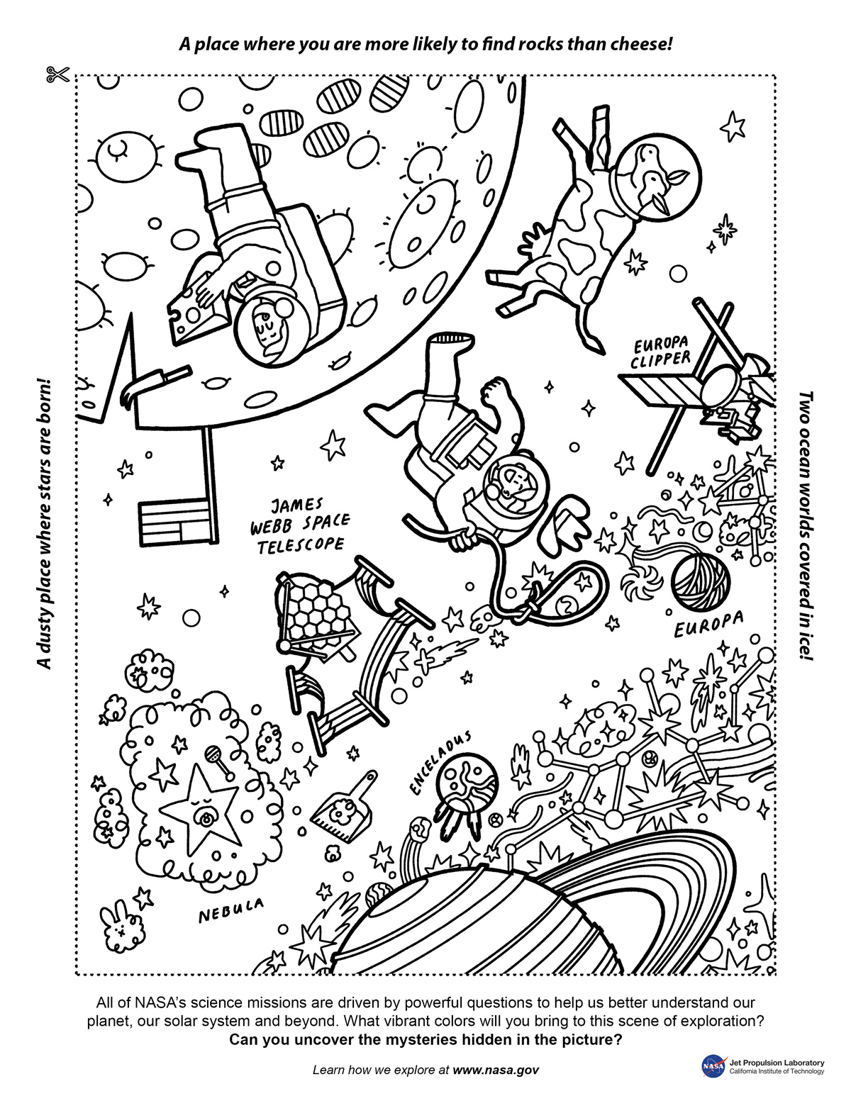 coloring page featuring astronauts and a cow in space, James Webb Space Telescope, Europa and the Europa Clipper mission, and a nebula