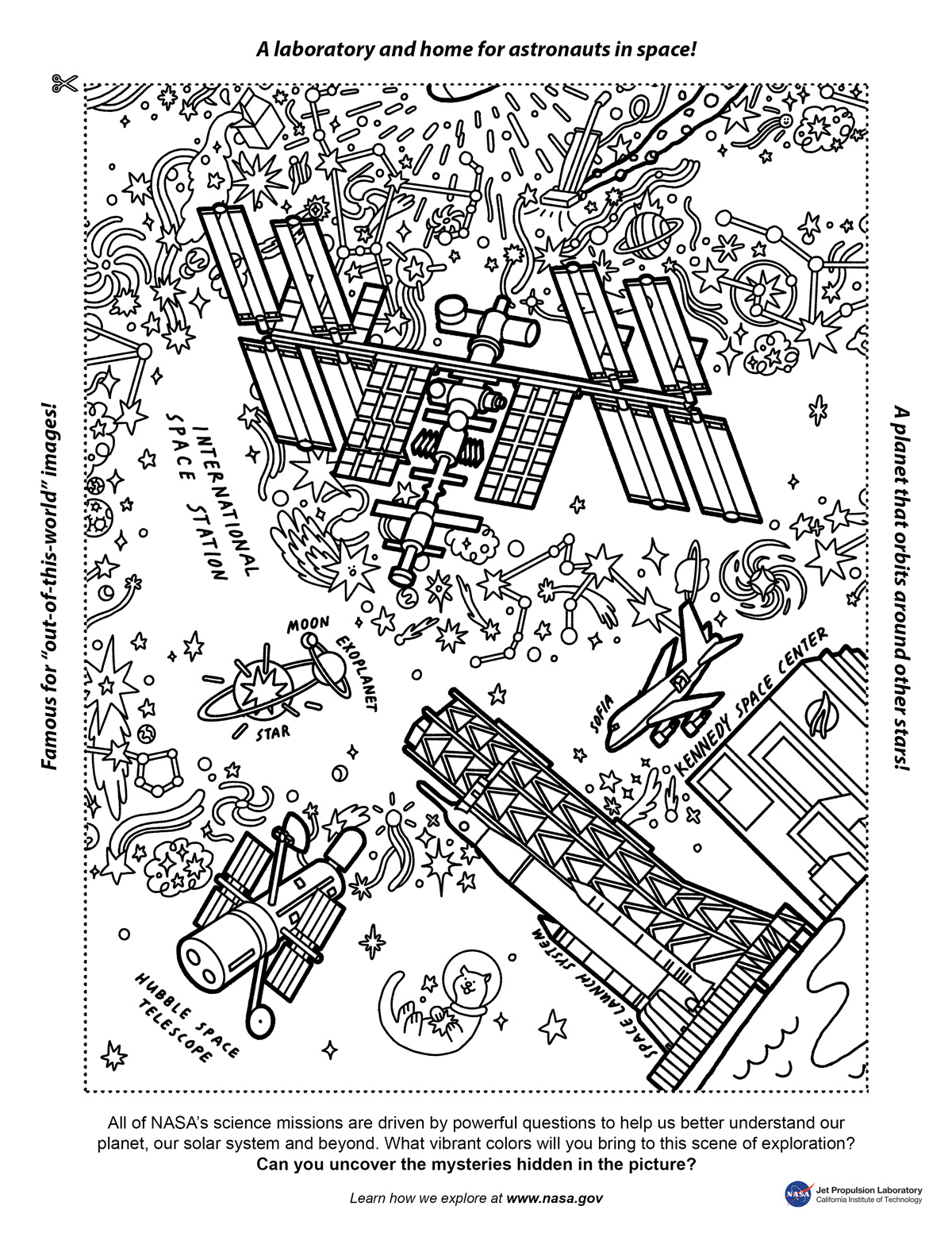 coloring page featuring the International Space Station, Hubble Space Telescope, Kennedy Space Center, and SOFIA