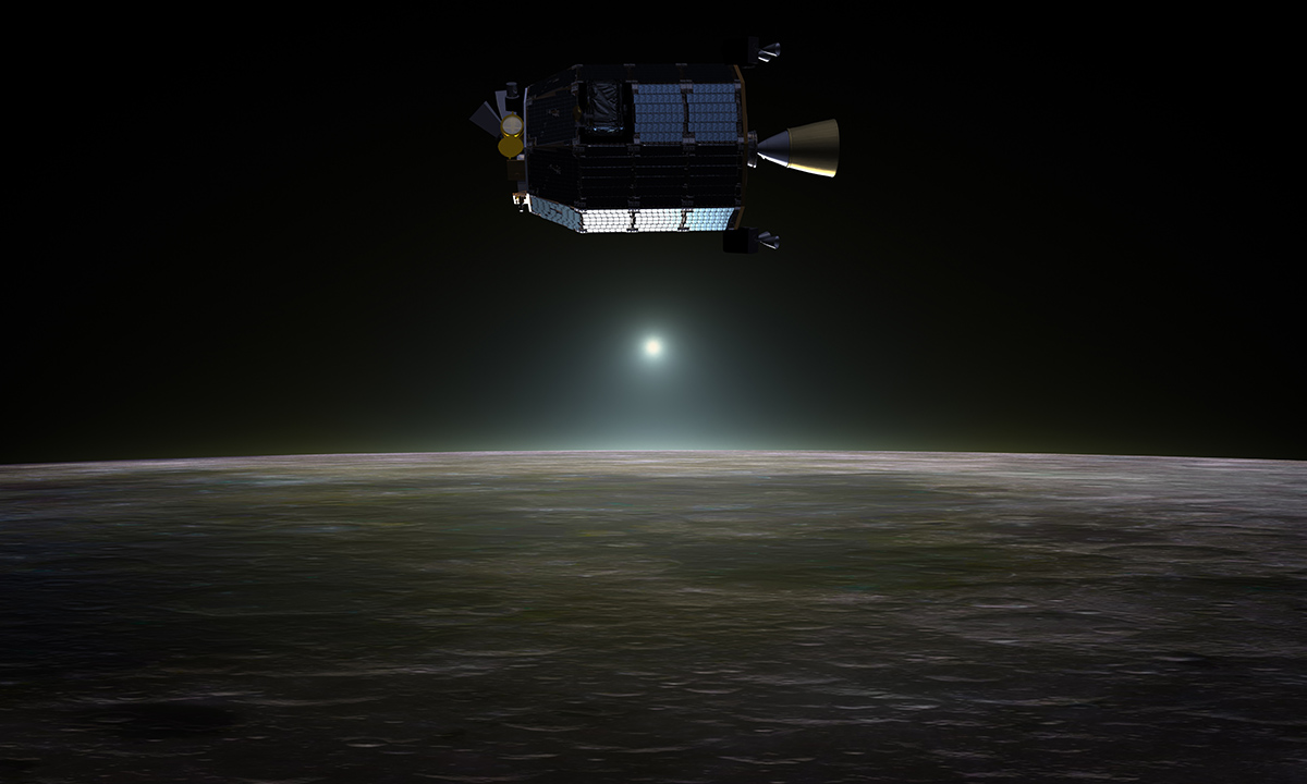 Artist's concept of NASA's Lunar Atmosphere and Dust Environment Explorer (LADEE) spacecraft in orbit above the moon as dust scatters light during the lunar sunset.