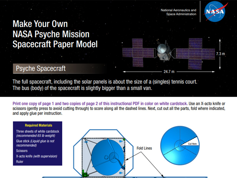 Instructions and materials for making your own paper model of the Psyche spacecraft.