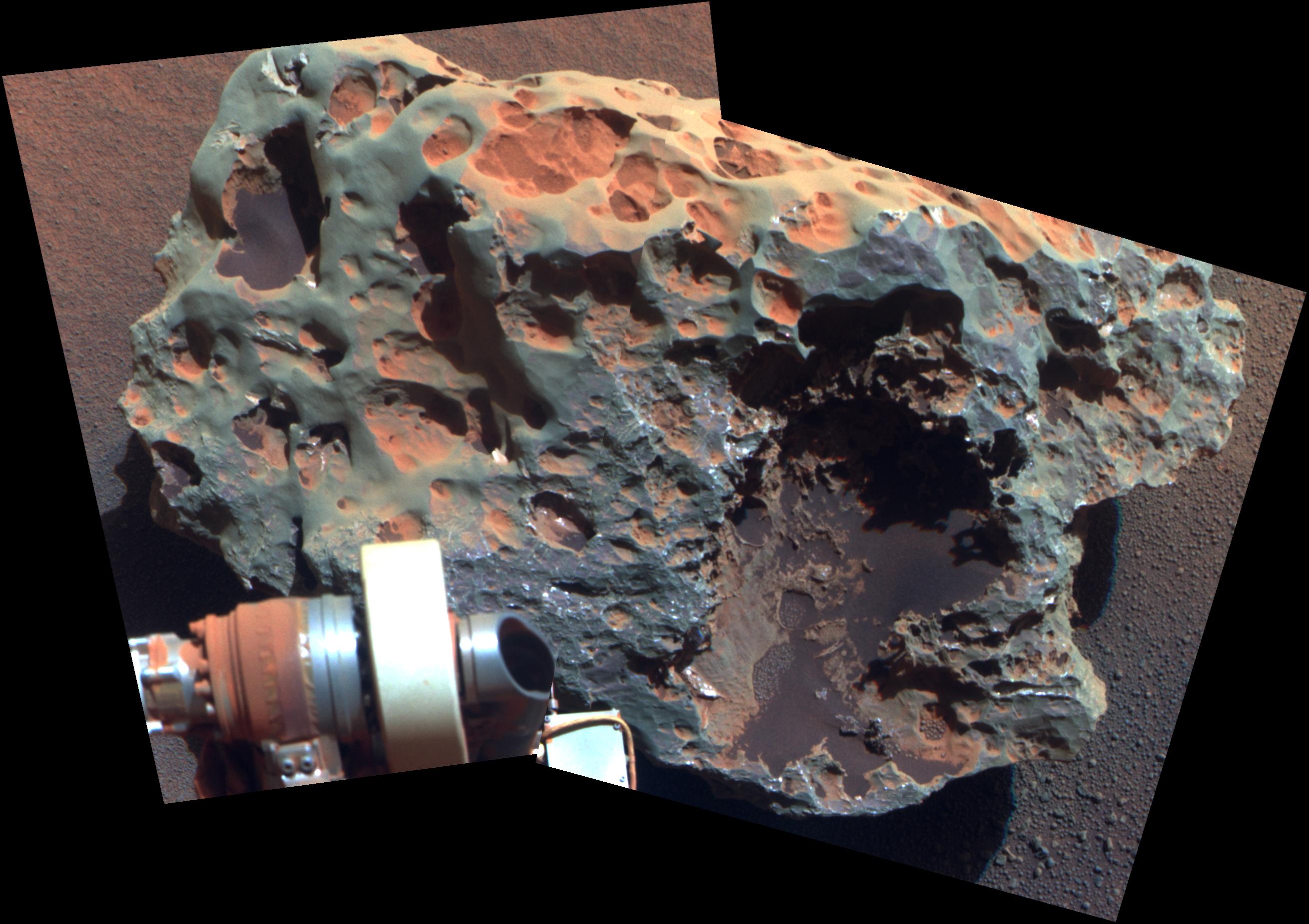 This view of a rock called "Block Island," the largest meteorite yet found on Mars, comes from the panoramic camera (Pancam) on Opportunity.