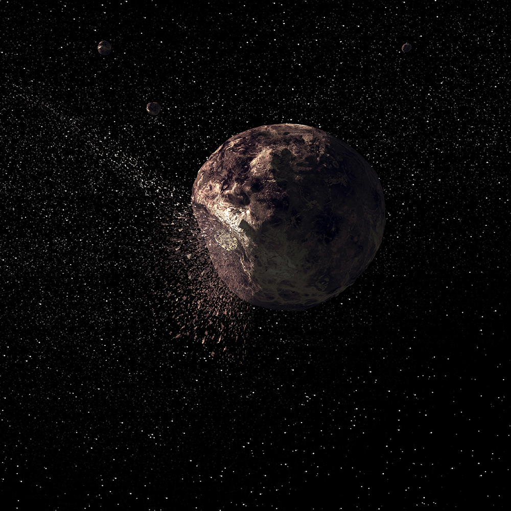 An artist's conception of an impact event on asteroid Pallas. 