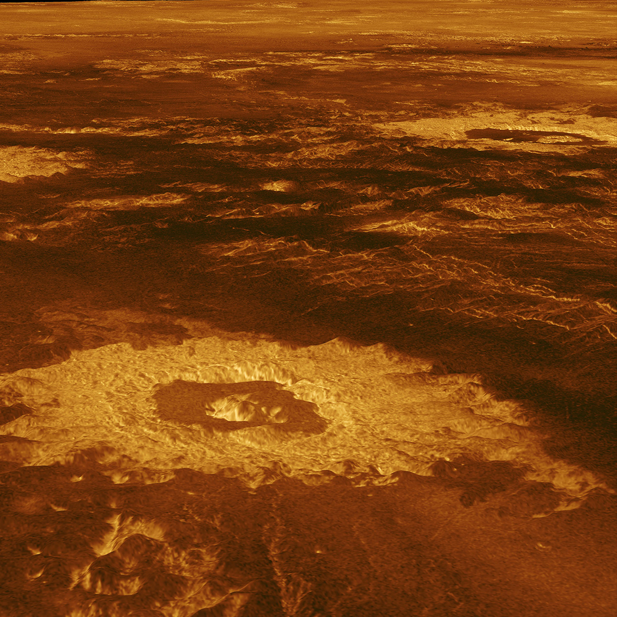 In a Magellan image dubbed the "Crater Farm" we see the curious layering of volcanic activity and impact craters.