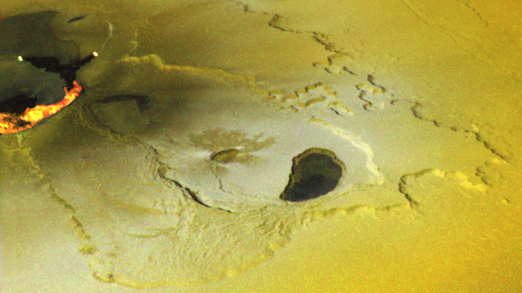 Lava spills onto the surface of Io during a volcanic eruption.