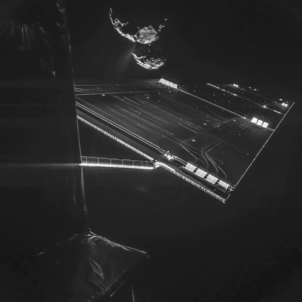 The Philae lander of the European Space Agency's Rosetta mission took this self-portrait of the spacecraft on Sept. 7, 2014, at a distance of about 10 miles (16 kilometers) from comet 67P/Churyumov-Gerasimenko.
