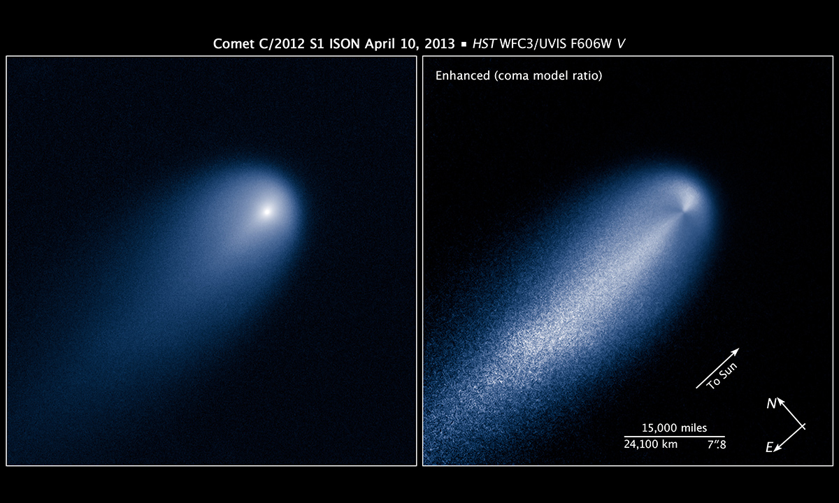 This NASA Hubble Space Telescope image of Comet (C/2012 S1) ISON was photographed on April 10, when the comet was slightly closer than Jupiter's orbit at a distance of 386 million miles from the Sun (394 million miles from Earth).