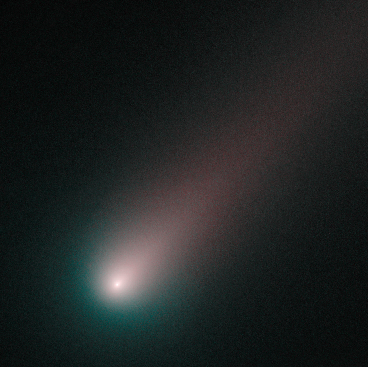This image was made from observations on 2 November 2013, and combines pictures of comet ISON taken through blue and red filters.