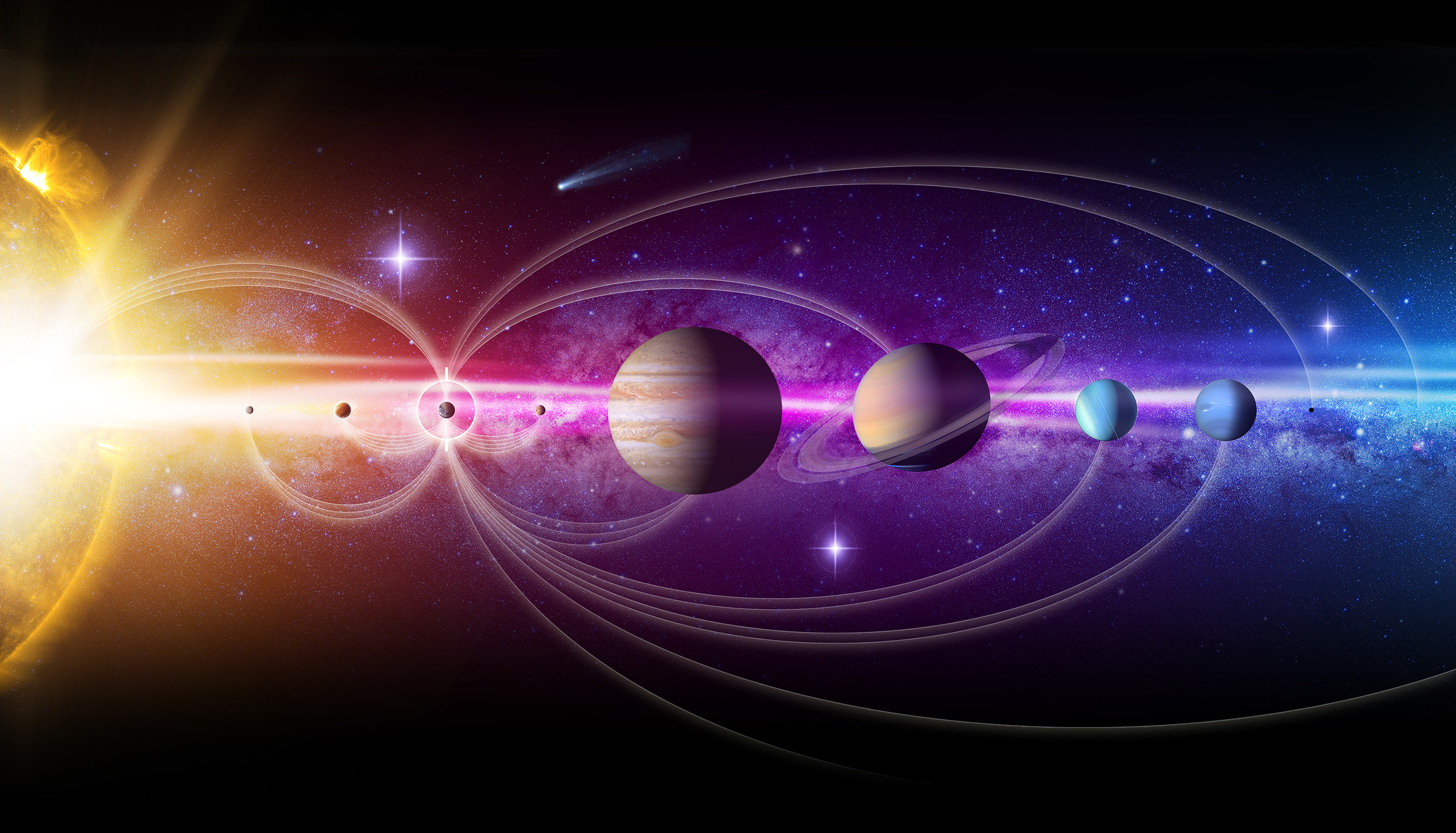 Illustration showing orbit lines emanating from Earth and extending throughout our solar system.