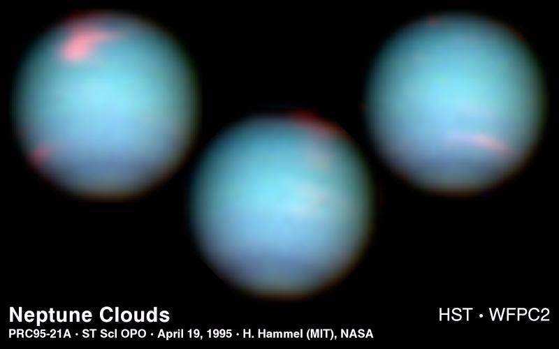 These NASA Hubble Space Telescope views of the blue-green planet Neptune provide three snapshots of changing weather conditions.