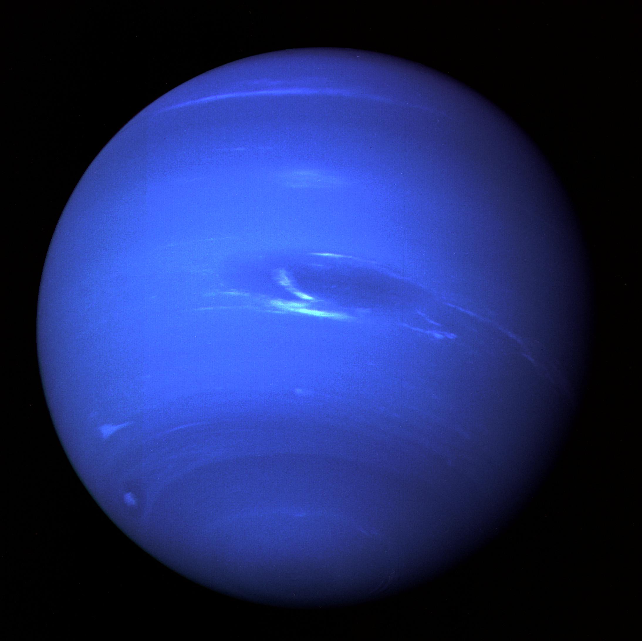 This picture of Neptune was produced from the last whole planet images taken through the green and orange filters on the Voyager 2 narrow angle camera.