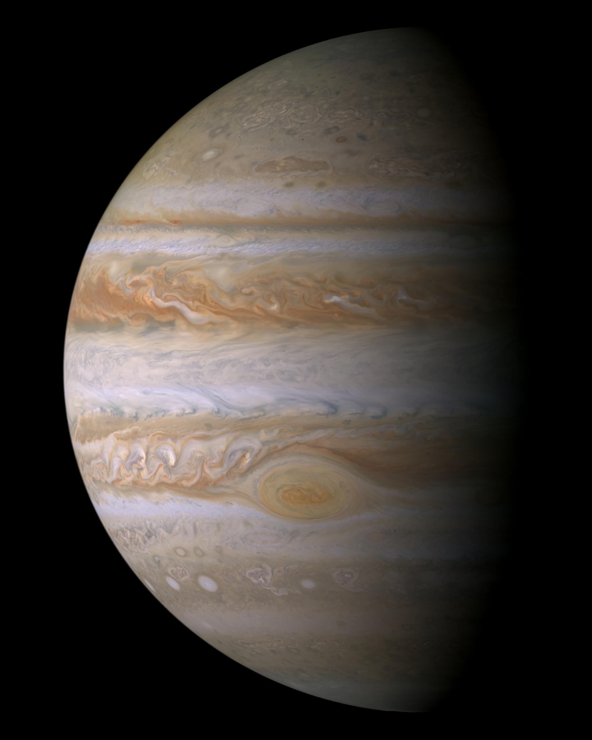 This true color mosaic of Jupiter was constructed from images taken by the narrow angle camera onboard NASA's Cassini spacecraft on December 29, 2000, during its closest approach to the giant planet at a distance of approximately 10 million kilometers (6.2 million miles).