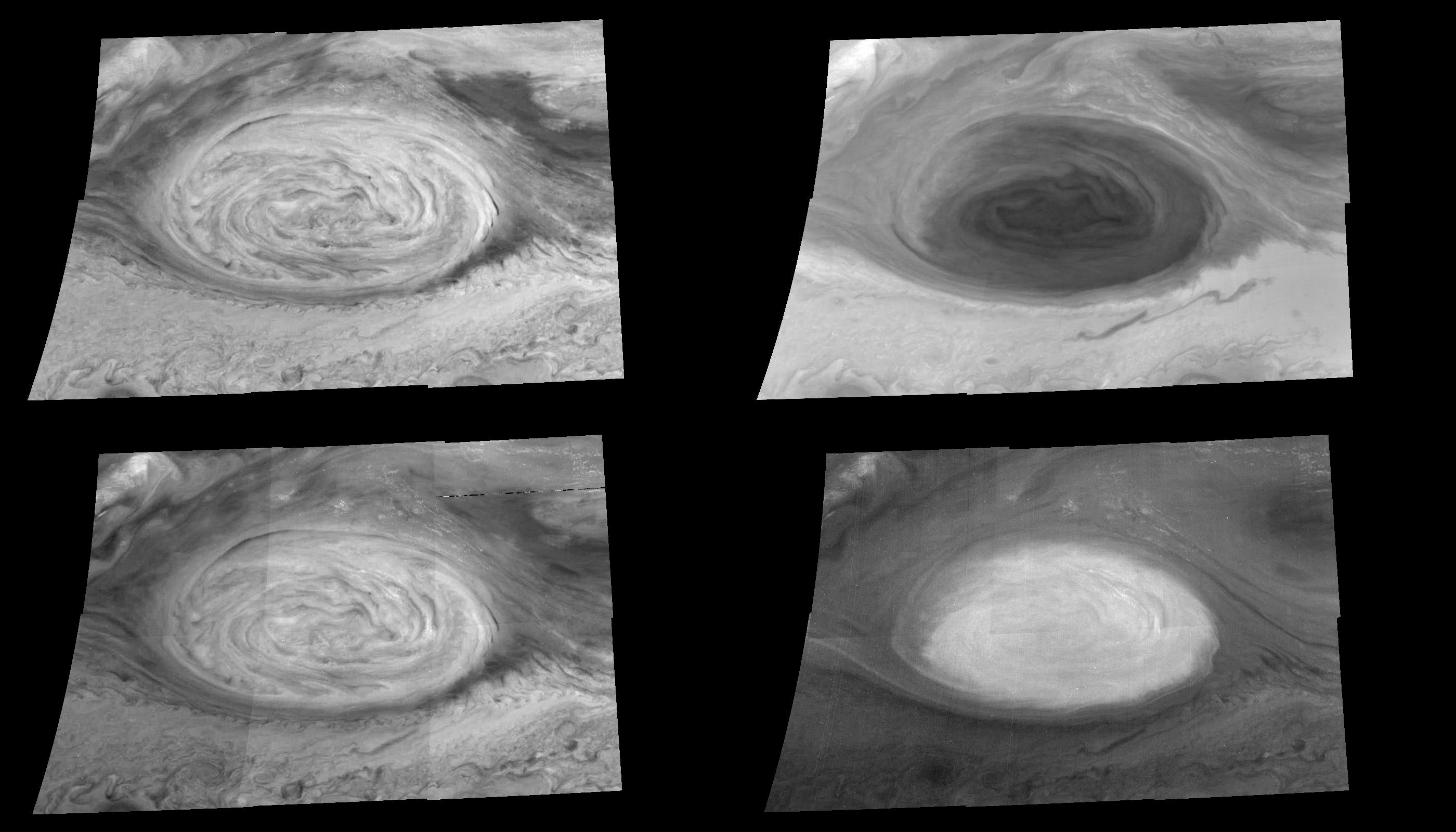 These mosaics (6 frames each) show the appearance of the Great Red Spot in infrared light (757 nanometers at upper left), violet light (415 nanometers at upper right), and infrared light within both a weak (732 nanometers at lower left) and a strong (886 nanometers at lower right) methane absorption band. 