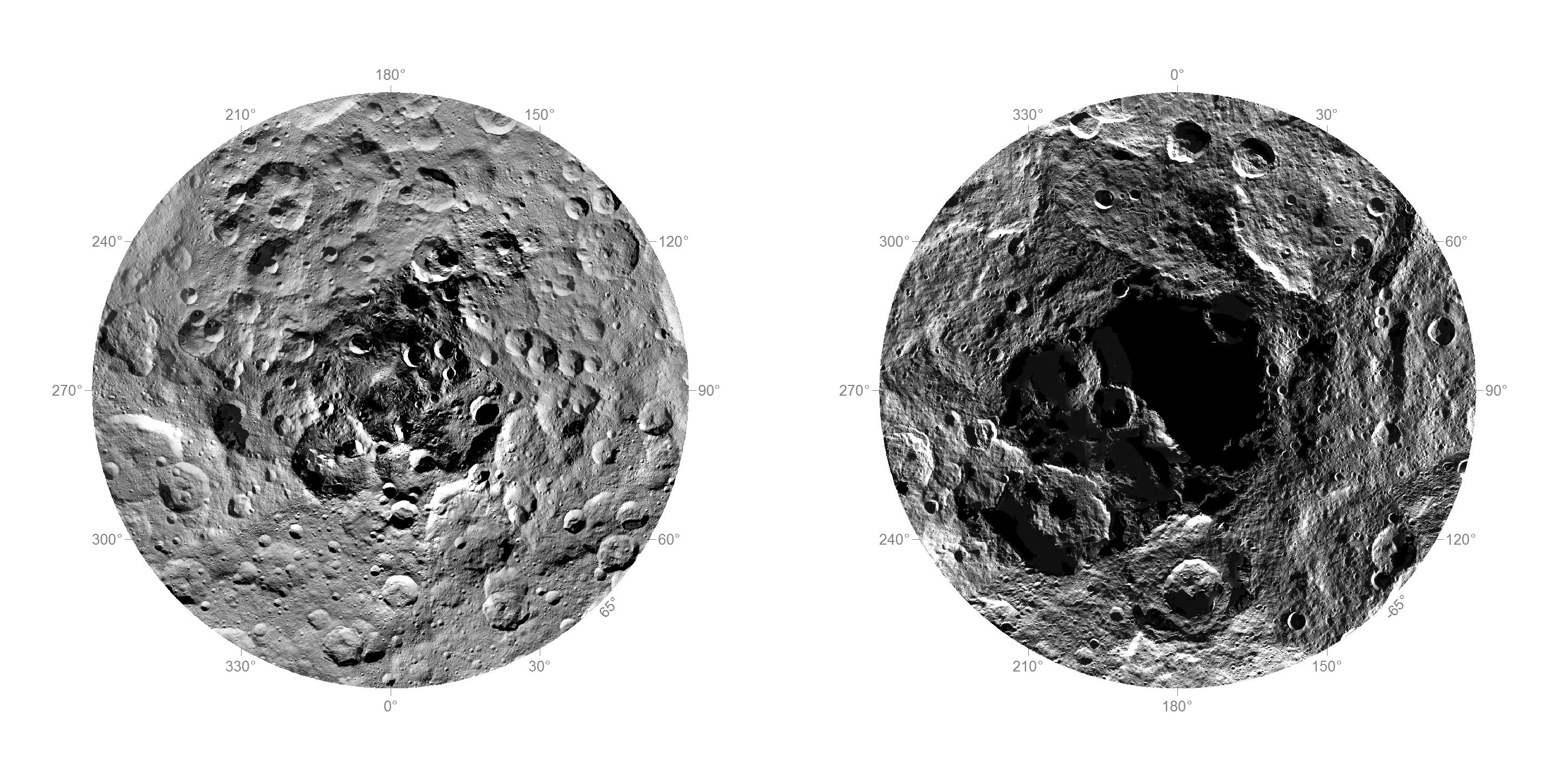 Researchers from NASA's Dawn mission have composed the first comprehensive views of the north (left) and south pole regions (right) of dwarf planet Ceres, using images obtained by the Dawn spacecraft.