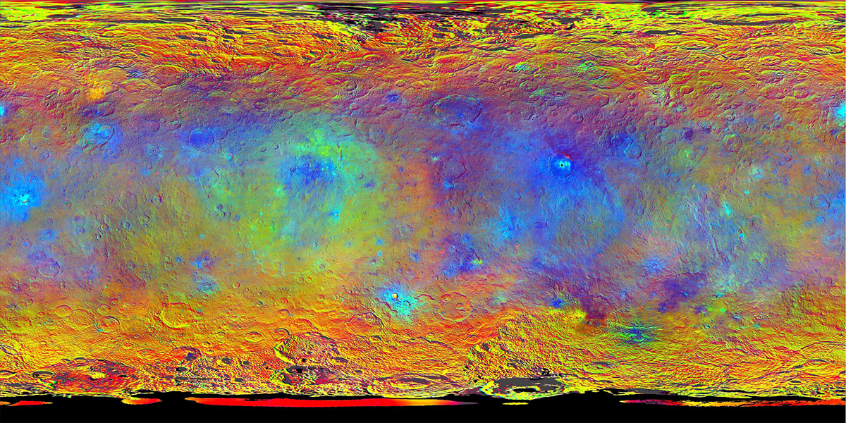 This map-projected view of Ceres was created from images taken by NASA's Dawn spacecraft during its high-altitude mapping orbit, in August and September, 2015.