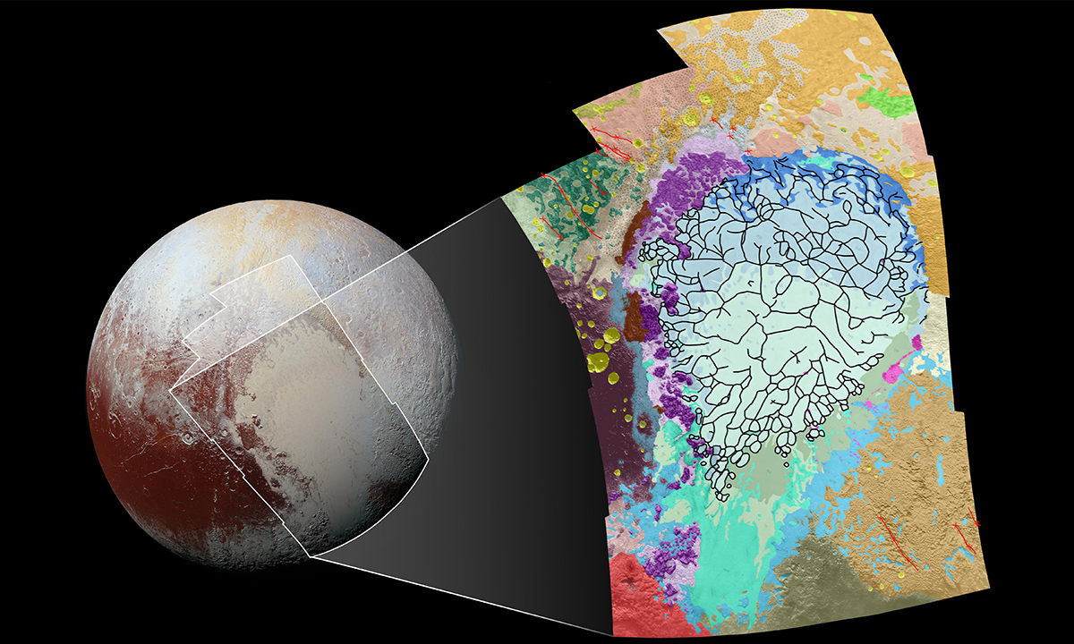 This geological map covers a portion of Pluto's surface that measures 1,290 miles (2,070 kilometers) from top to bottom, and includes the vast nitrogen-ice plain informally named Sputnik Planum and surrounding terrain.