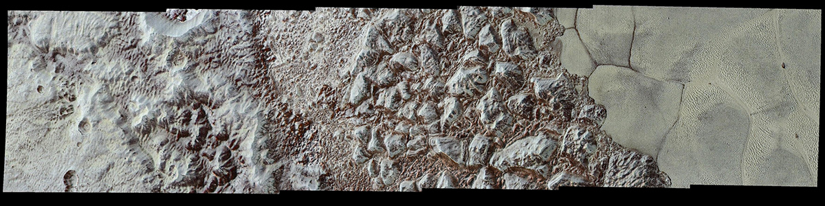 This enhanced color mosaic combines some of the sharpest views of Pluto that NASA's New Horizons spacecraft obtained during its July 14 flyby.