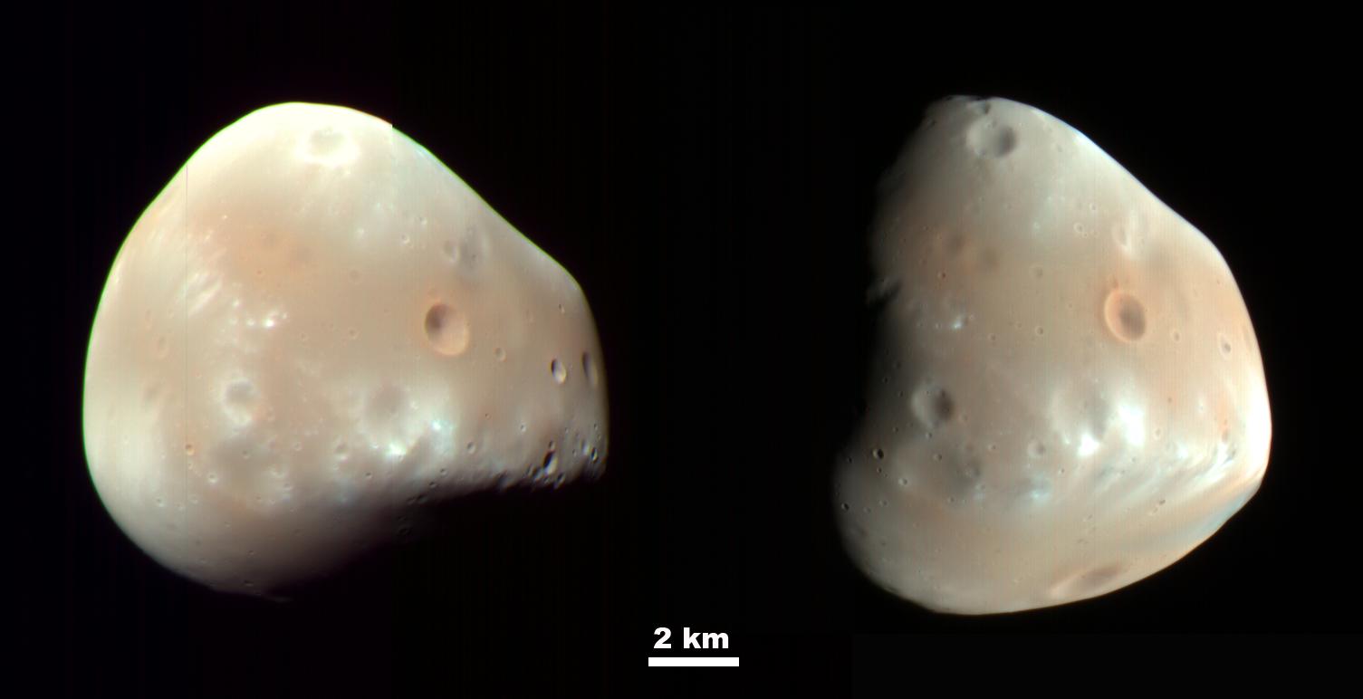 These color-enhanced views of Deimos, the smaller of the two moons of Mars, result from imaging on Feb. 21, 2009, by the High Resolution Imaging Science Experiment (HiRISE) camera on NASA's Mars Reconnaissance Orbiter.