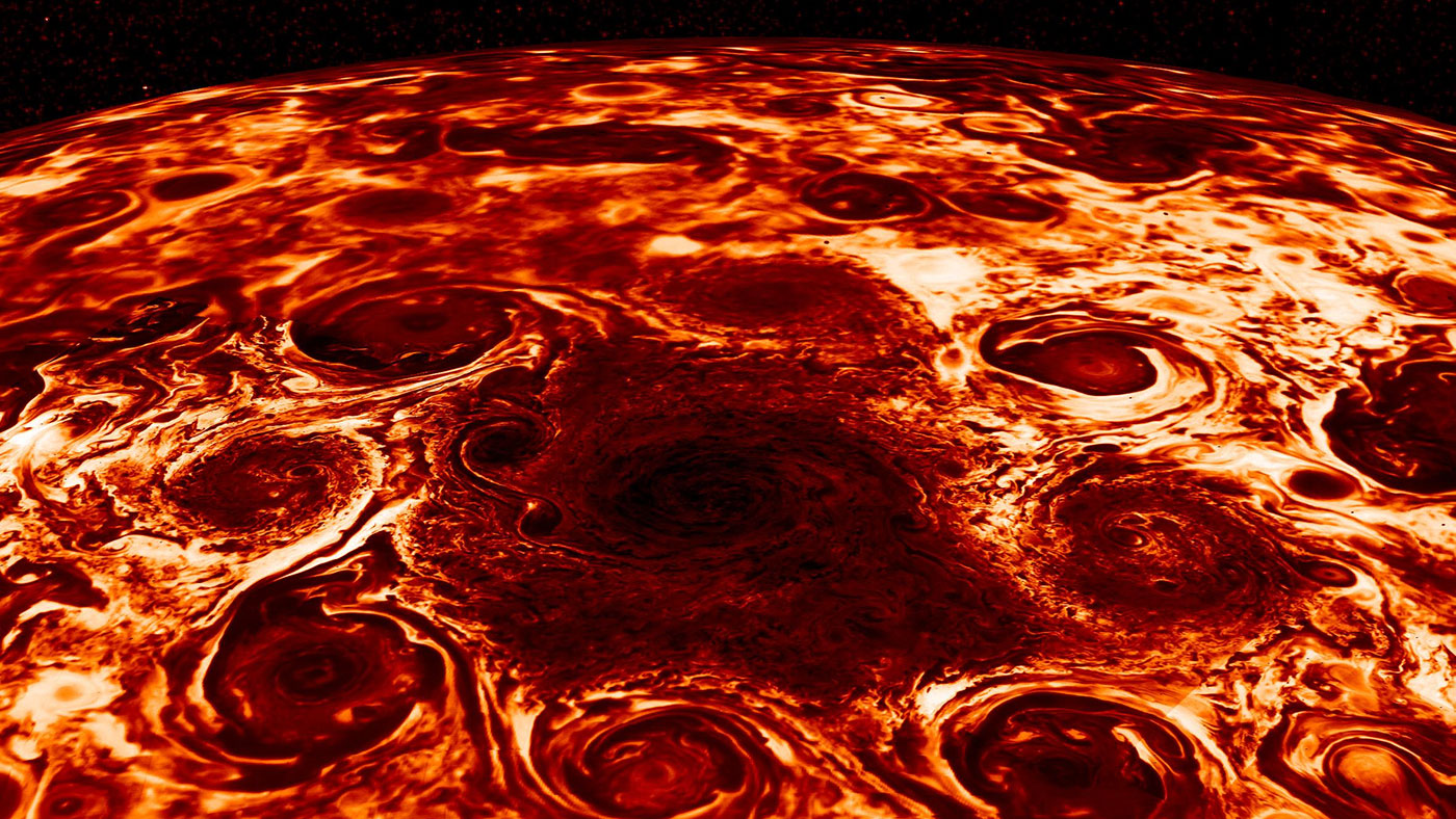 composite infrared image of cyclones on Jupiter