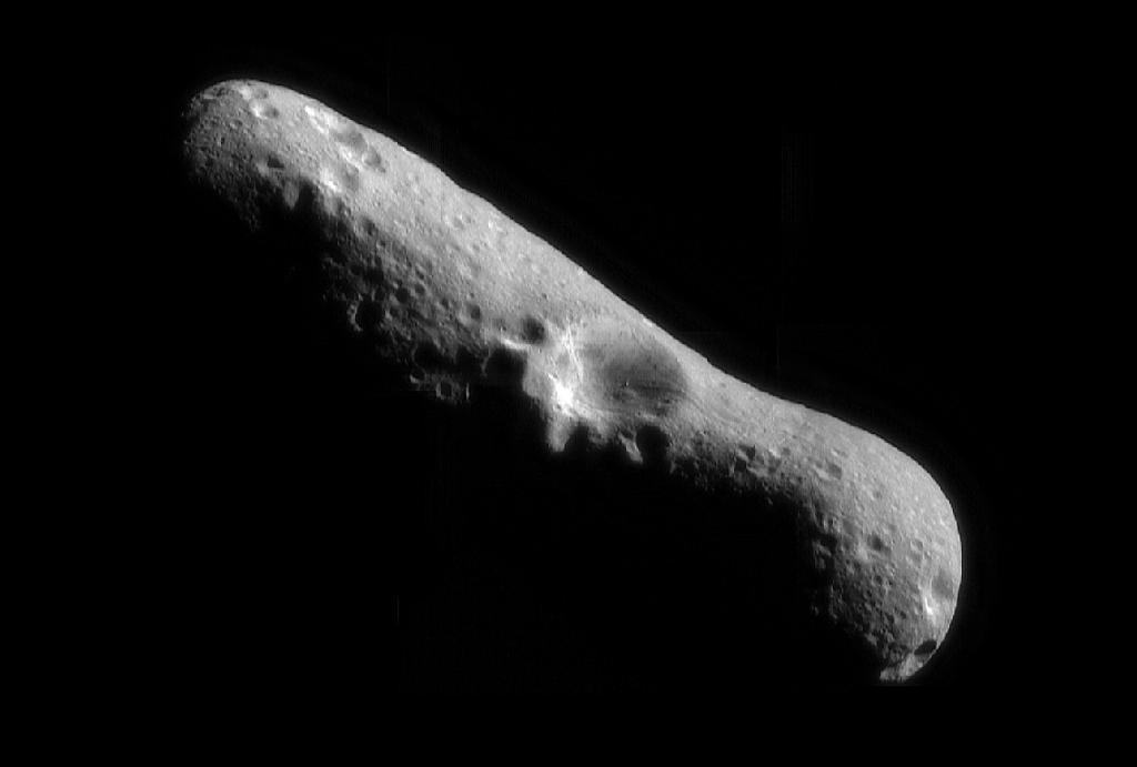Black and white photo of asteroid Eros