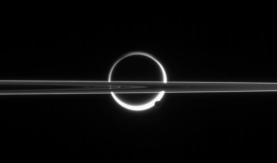 Photo of Saturn's rings, Titan, and Enceladus