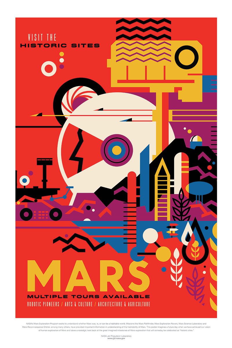 Futuristic Mars tourism poster.