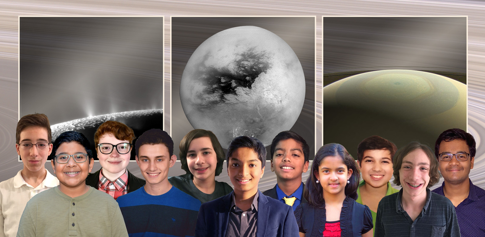 Smiling kids in front of picture of Titan