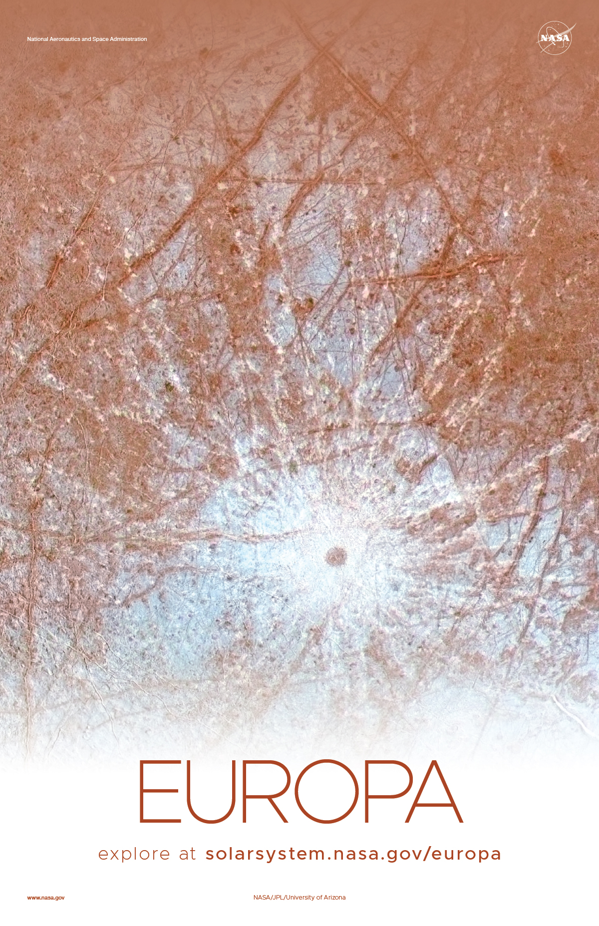 Close up of massive impact crater on the icy surface of Europa.